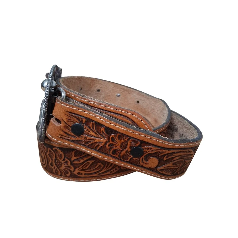 Justin Brown Tooled Leather Kids size 26 Little Trigger Western Belt & Buckle
